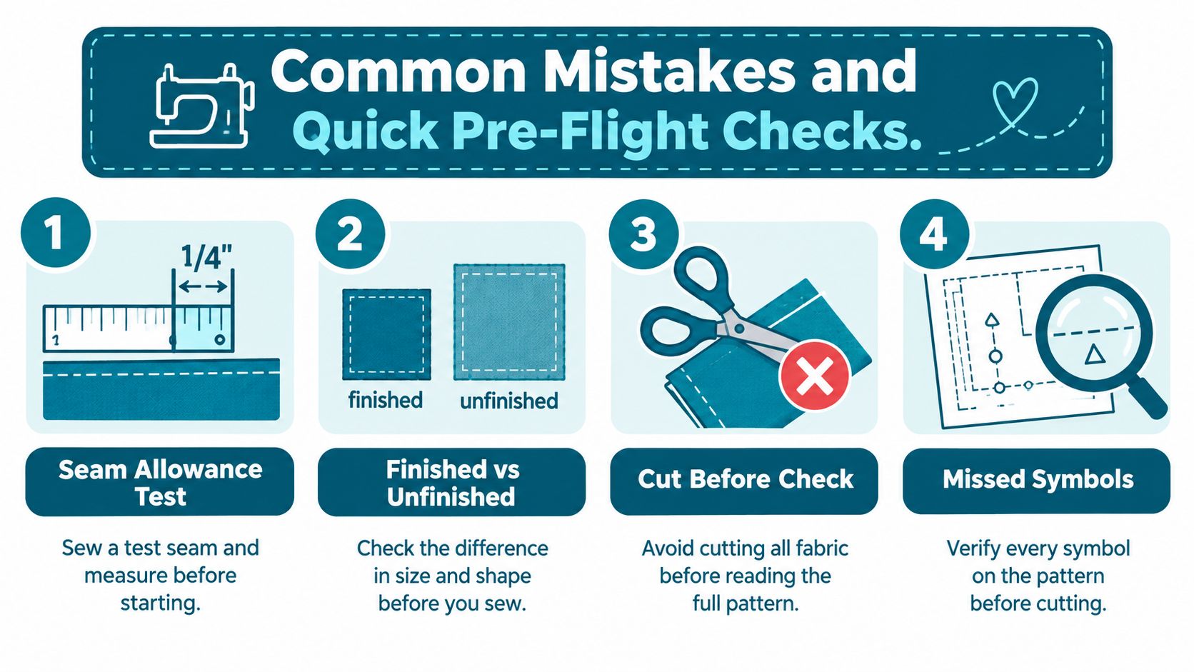 An infographic showing four common sewing mistakes and quick pre-flight checks for quilt patterns.