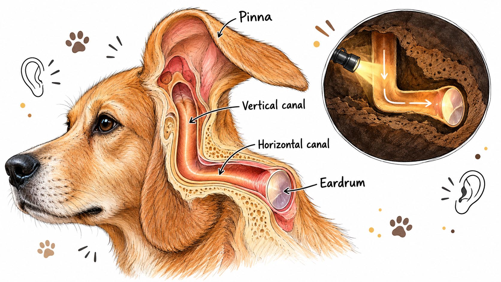 An anatomical illustration showing the L-shaped ear canal structure of a dog, highlighting the eardrum and pinna.