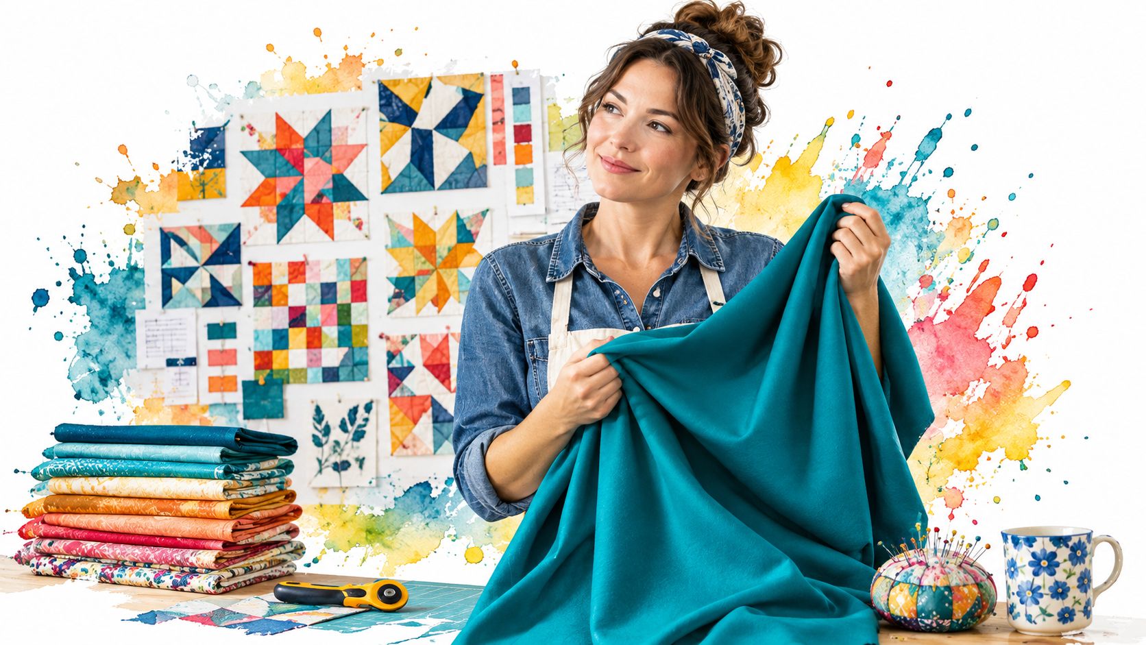 A woman holding up a teal fabric piece in a creative sewing and quilting studio workspace.