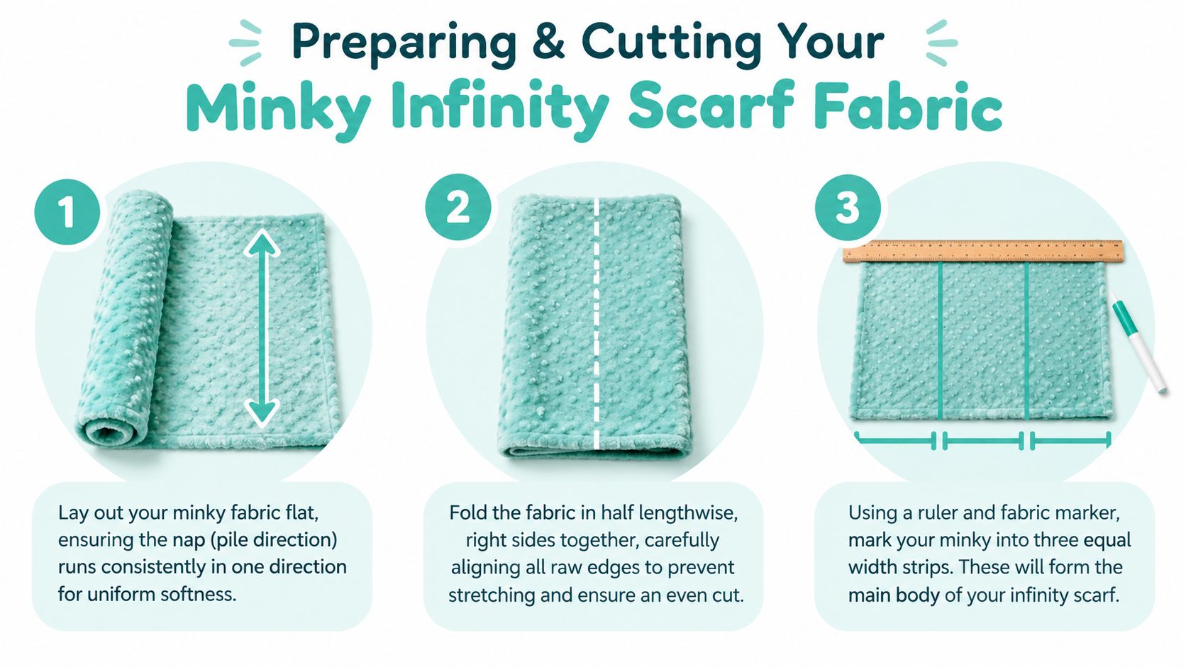 An instructional infographic detailing three steps for preparing and cutting minky fabric for an infinity scarf.