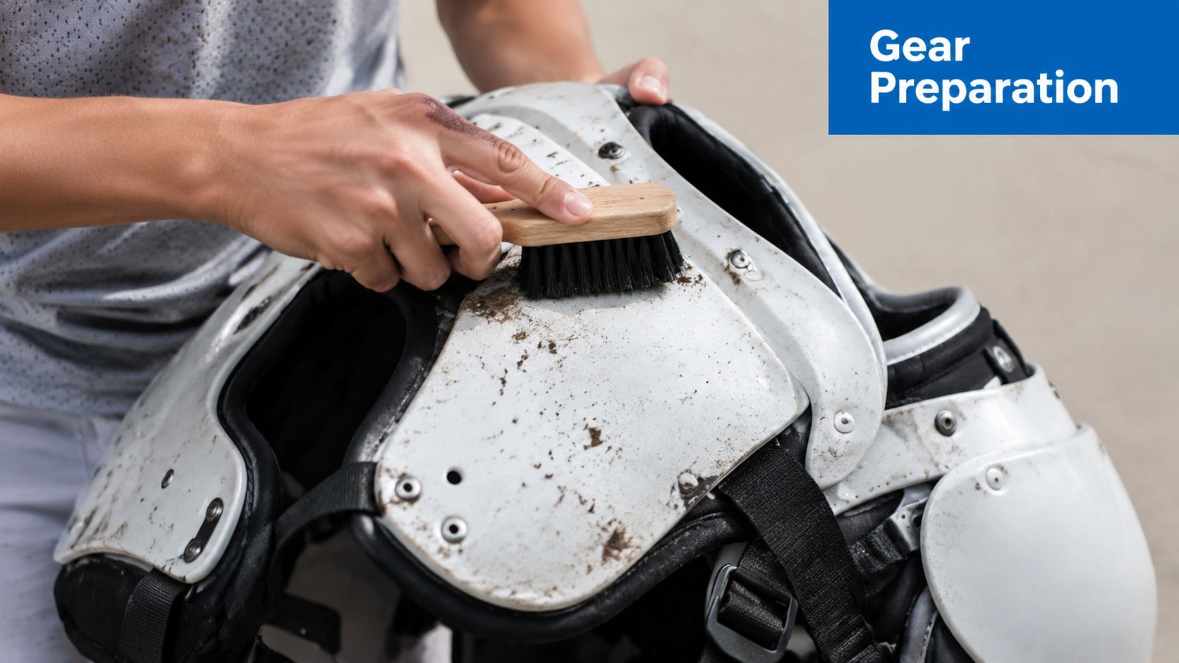 A person cleaning mud off white football shoulder pads using a small wooden brush.