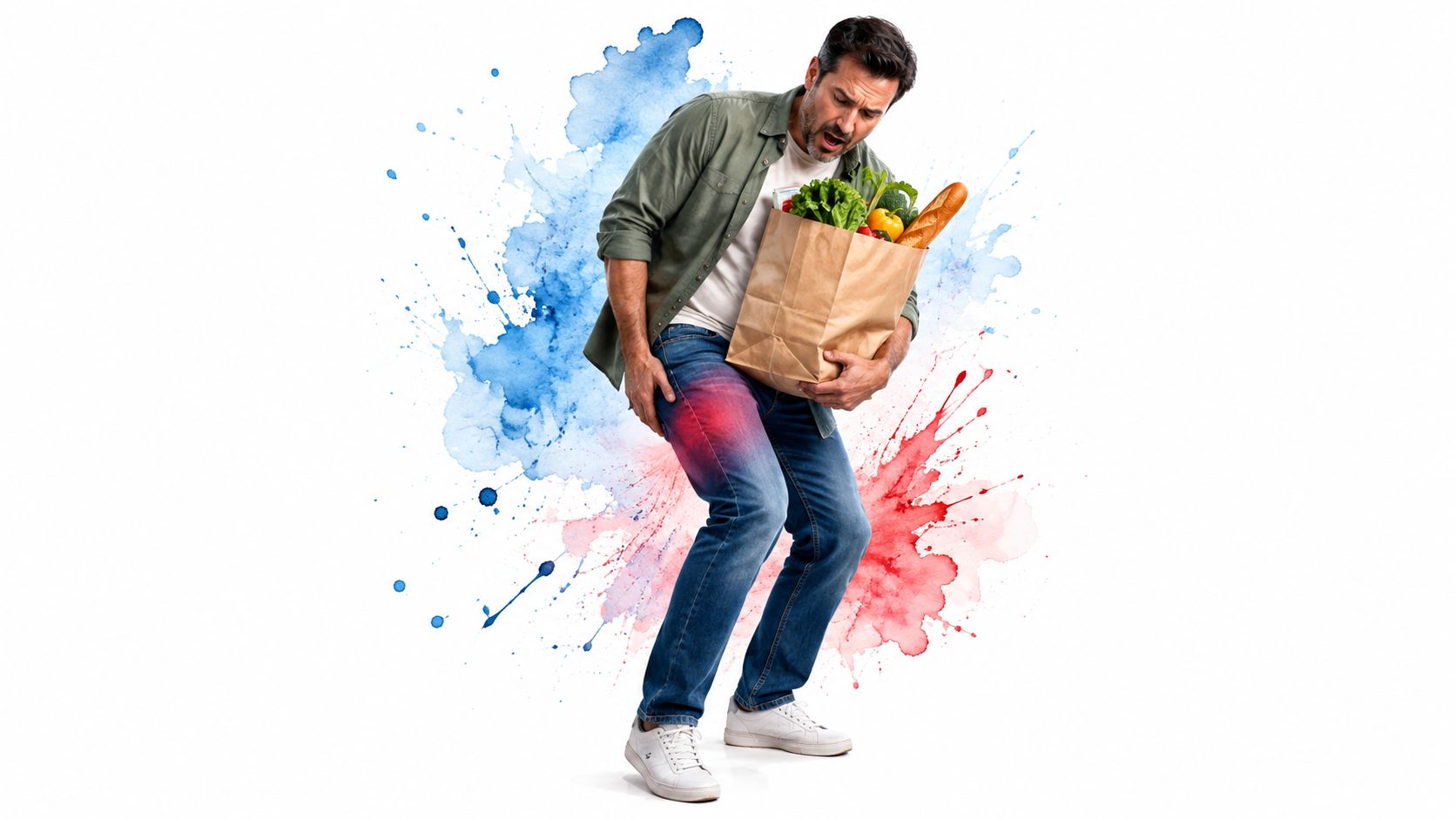 A man holding a grocery bag clutching his leg in pain, suggesting a pulled muscle injury.