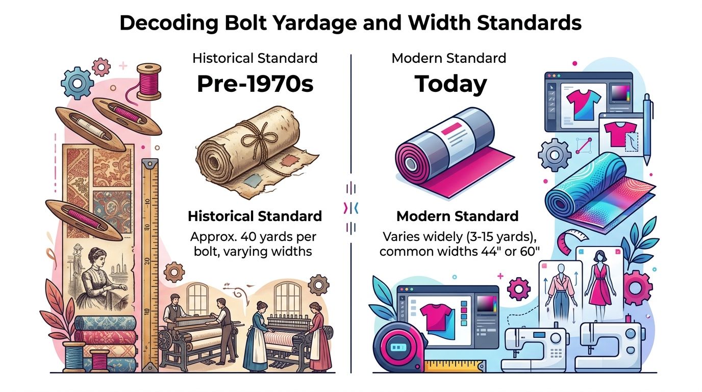 An infographic comparing historical fabric bolt yardage from the pre-1970s era versus modern fabric manufacturing standards.