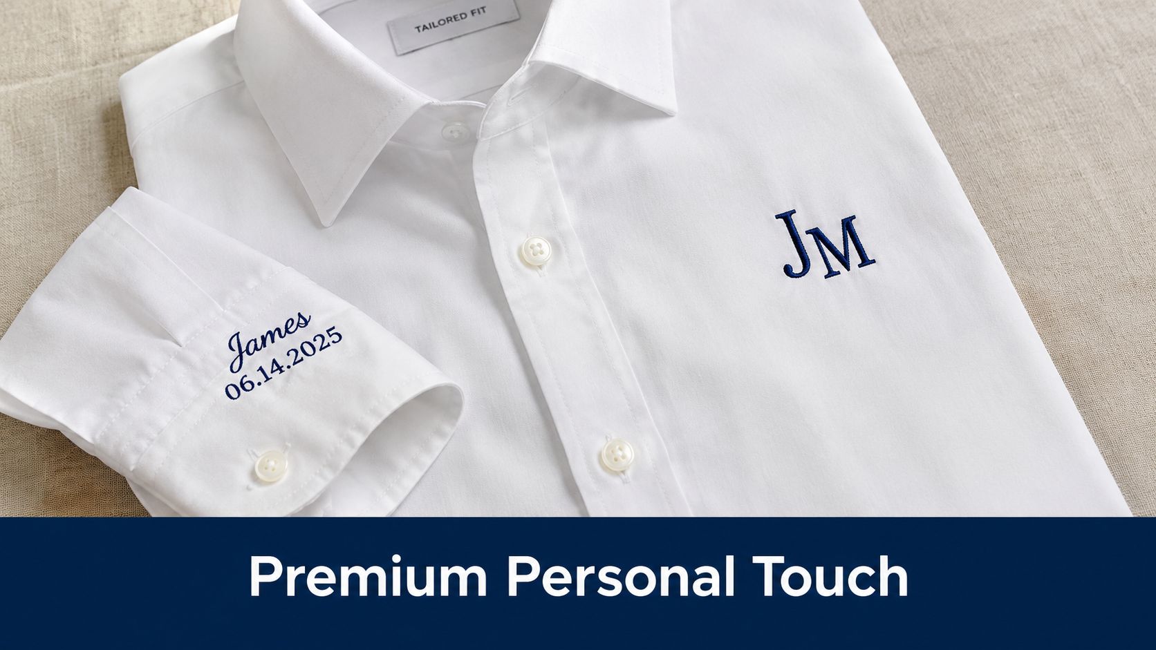 A close-up of a crisp white dress shirt featuring elegant blue embroidery of initials and a date.