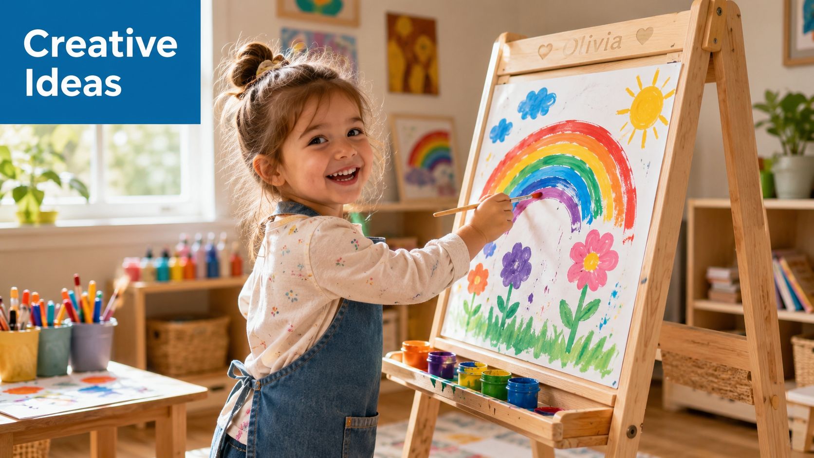 A happy young girl named Olivia painting a colorful rainbow and flowers on an art easel.