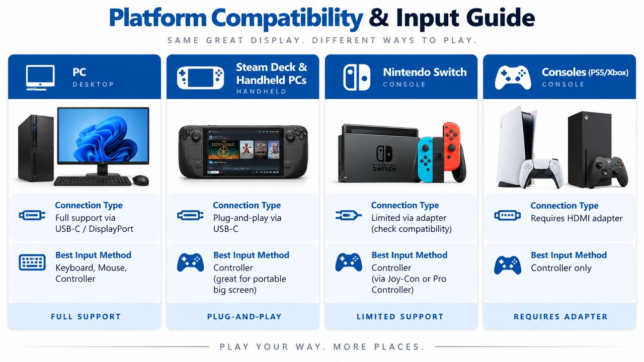 A chart detailing platform compatibility and input guides for gaming devices including PCs, handhelds, and video consoles.