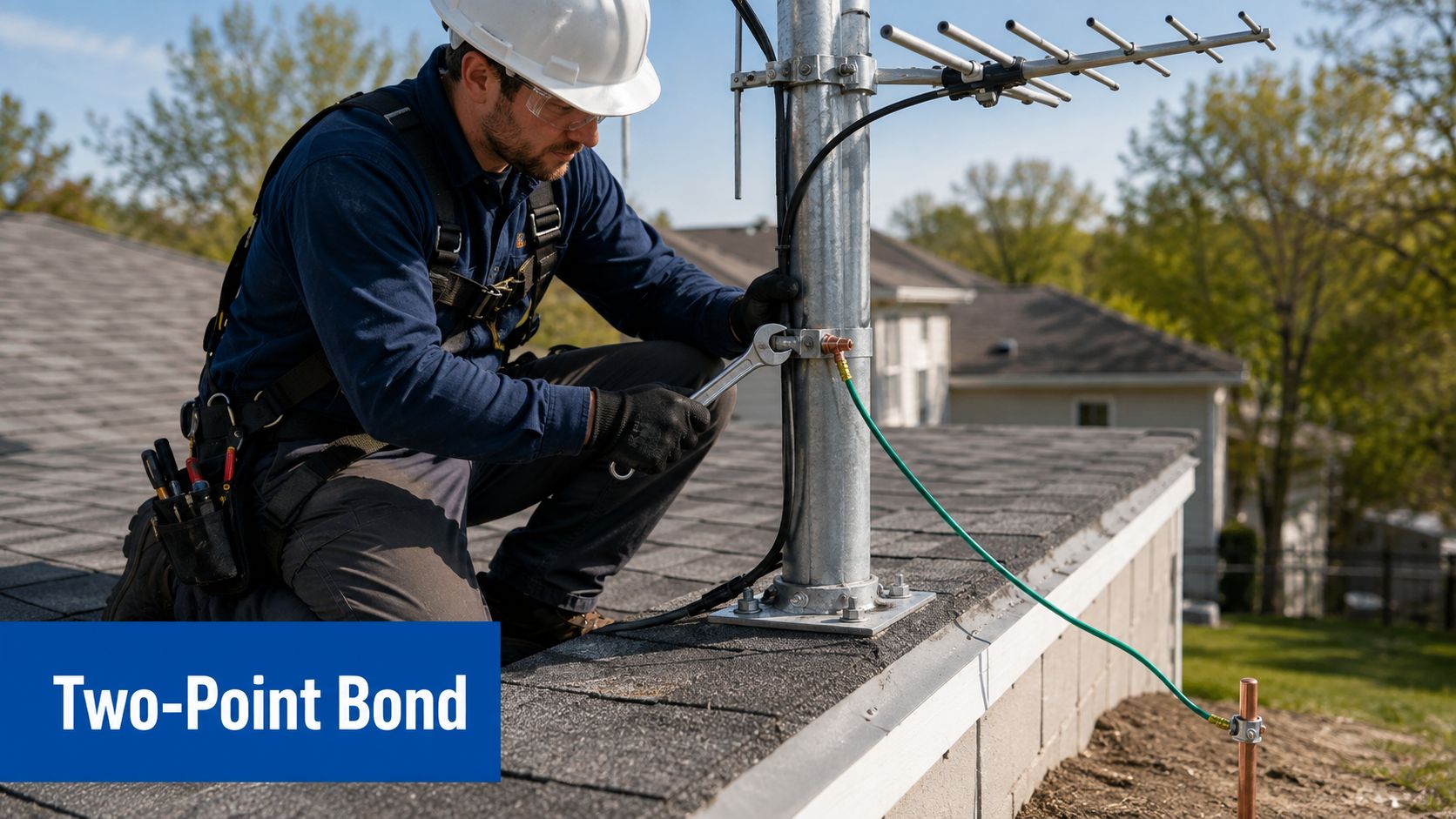 A technician wearing a hard hat and harness installs a grounding bond on a rooftop antenna mast.