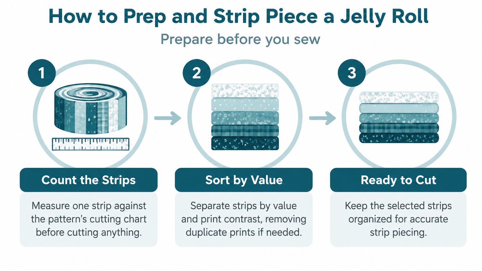 A three-step infographic showing how to prepare jelly roll fabric strips for quilting and sewing projects.