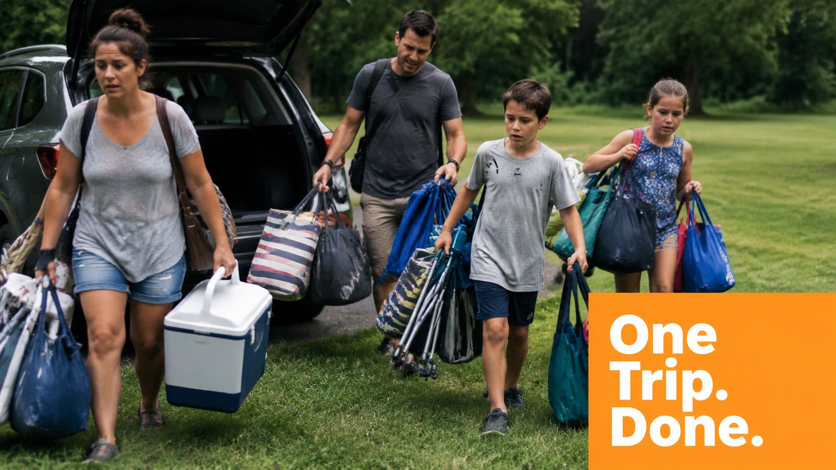 A family of four carrying many bags, a cooler, and chairs from their car in one trip.