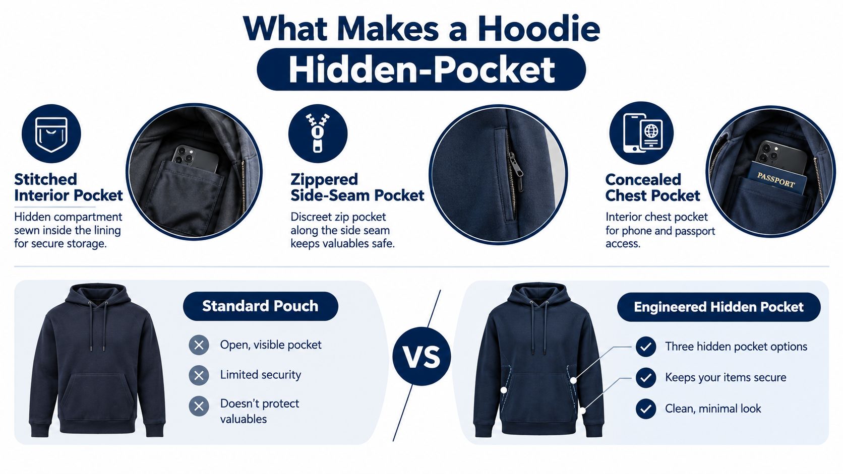 An infographic comparing a standard hoodie to an engineered hoodie featuring multiple hidden and secure storage pockets.
