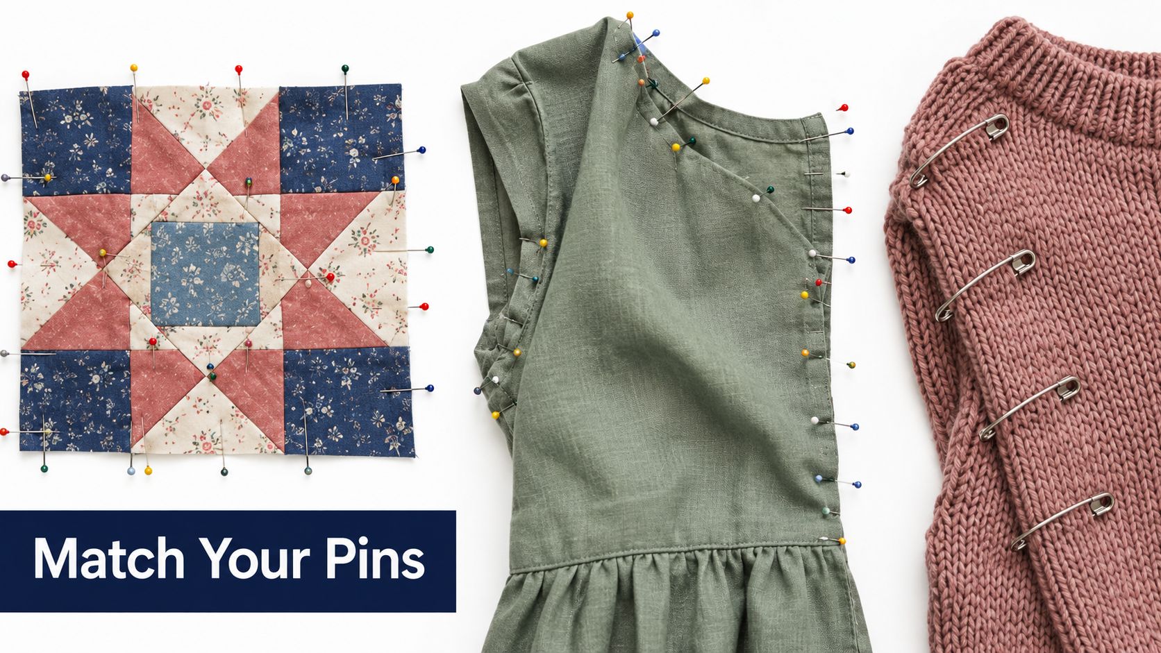 A patchwork quilt block, a green linen dress, and a knitted garment fastened with sewing pins.