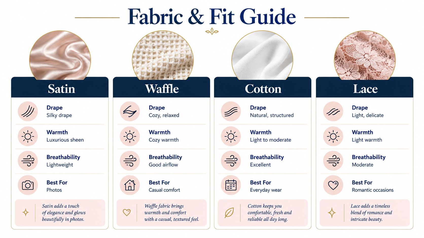 A fabric guide comparing the characteristics of satin, waffle, cotton, and lace for bridal party clothing choices.