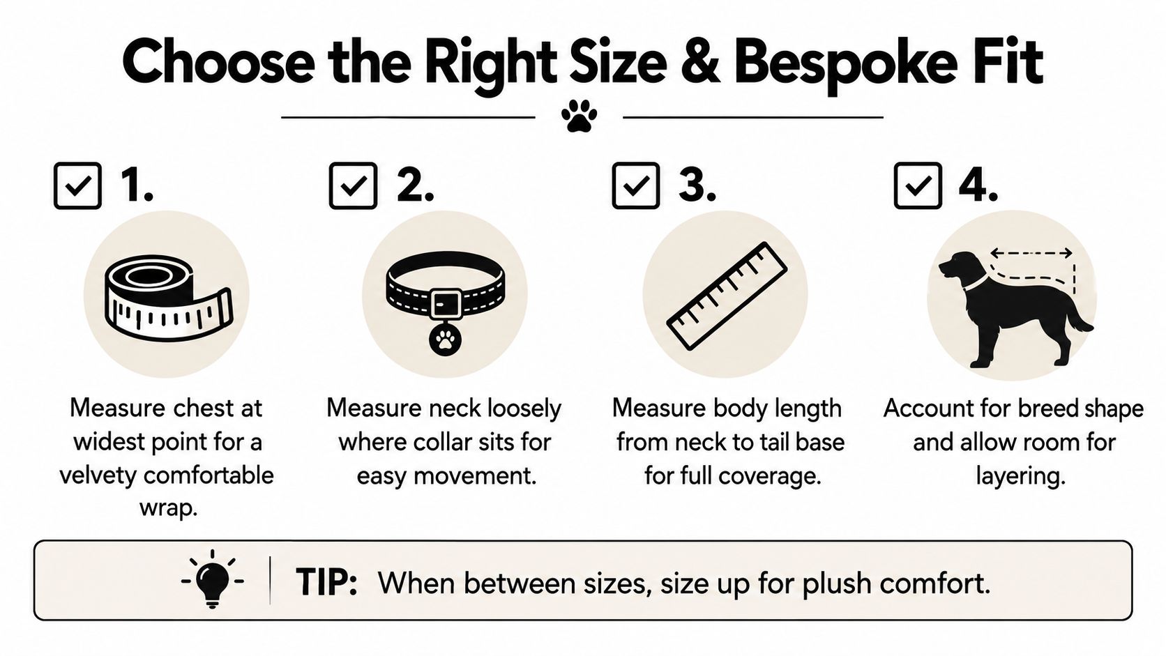 An infographic showing four simple steps to measure a dog for a comfortable, properly fitted garment.
