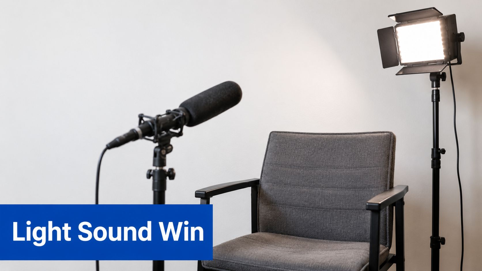 A professional podcast or video setup featuring a microphone on a stand and a studio light.