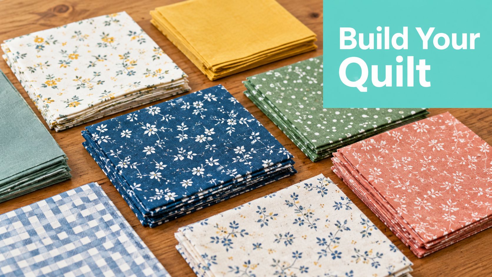 A collection of assorted colorful fabric squares stacked on a wooden surface for a quilting project.