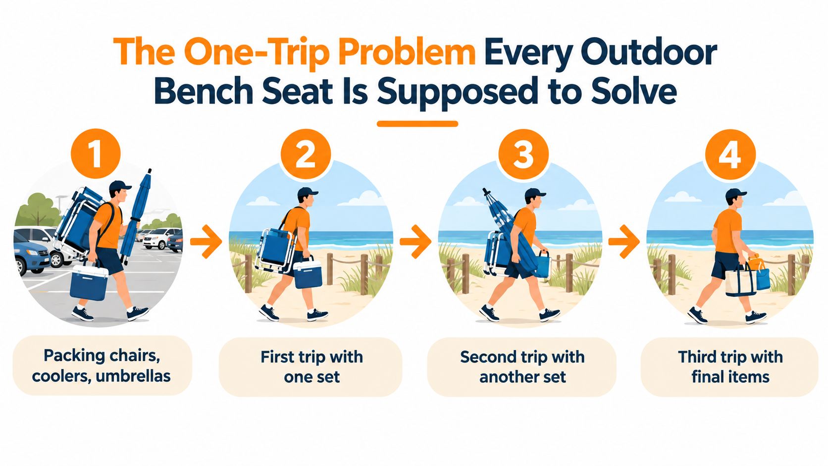 An illustration showing a person making multiple trips to the beach carrying chairs, coolers, and umbrellas.