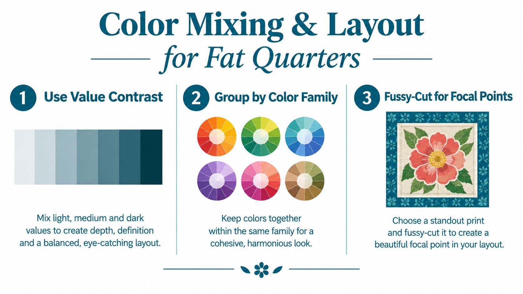 A graphic tutorial on color mixing and layout techniques for quilting with fat quarters of fabric.