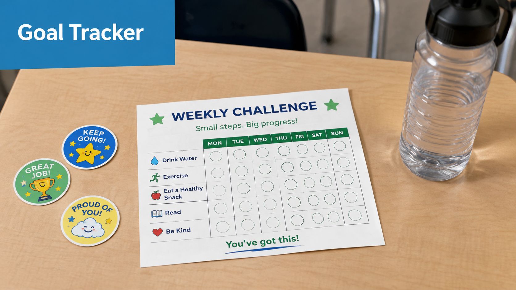A weekly goal tracker sheet on a wooden desk with encouragement stickers and a water bottle.