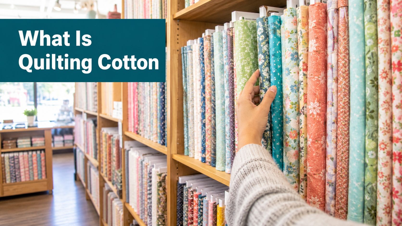 A hand reaching to select a roll of colorful floral quilting cotton fabric from a store shelf.