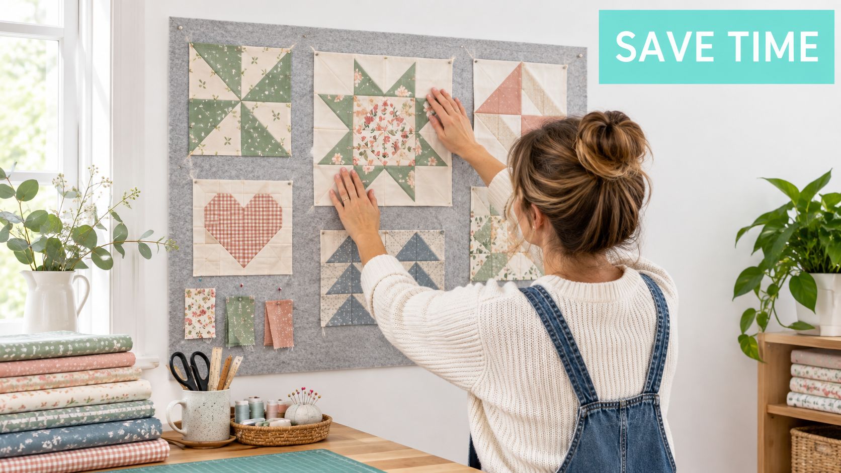 A woman arranging various fabric quilt blocks on a gray felt design board in a craft room.
