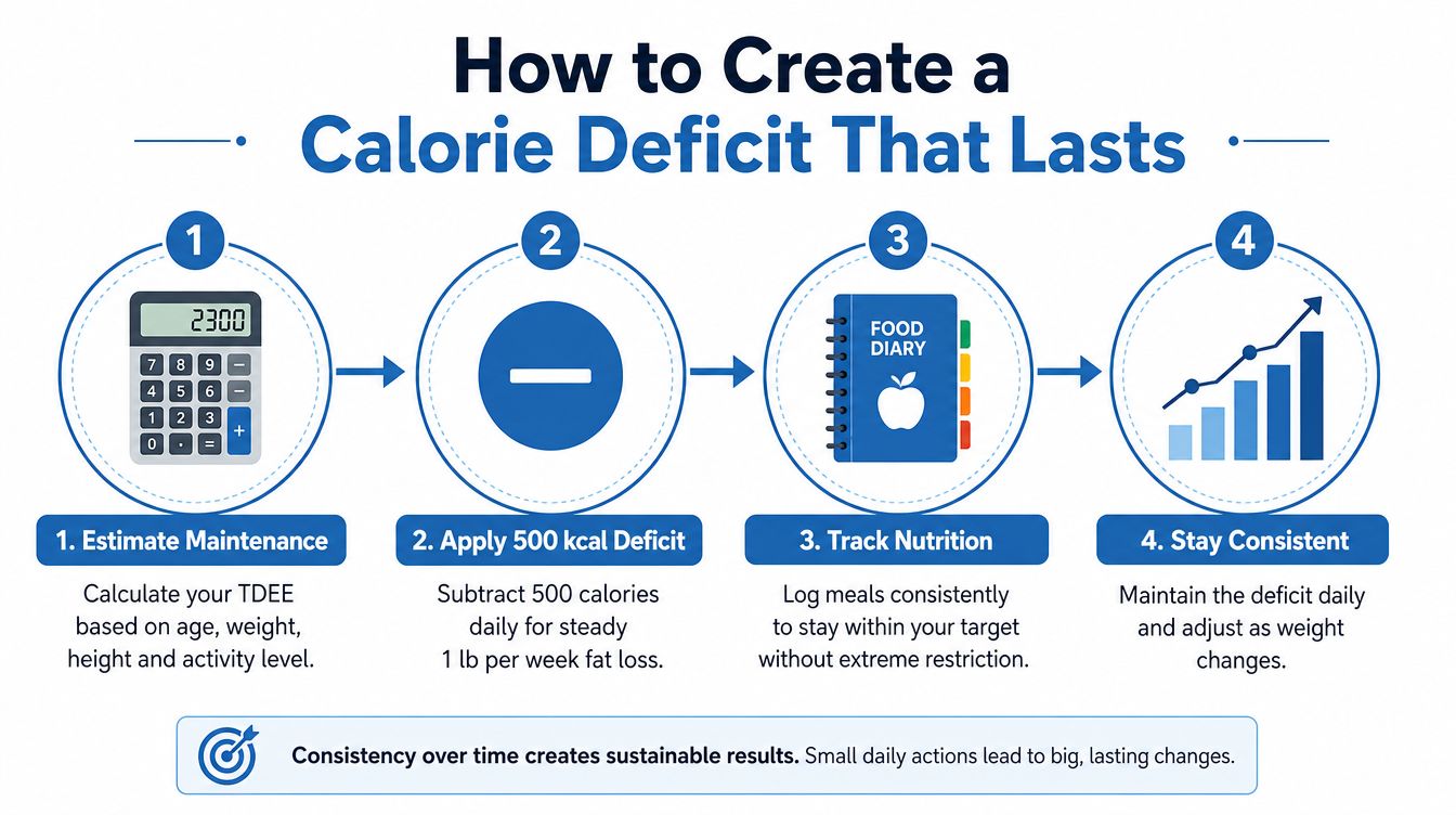 A four-step infographic illustrating how to create a sustainable calorie deficit for healthy weight loss.