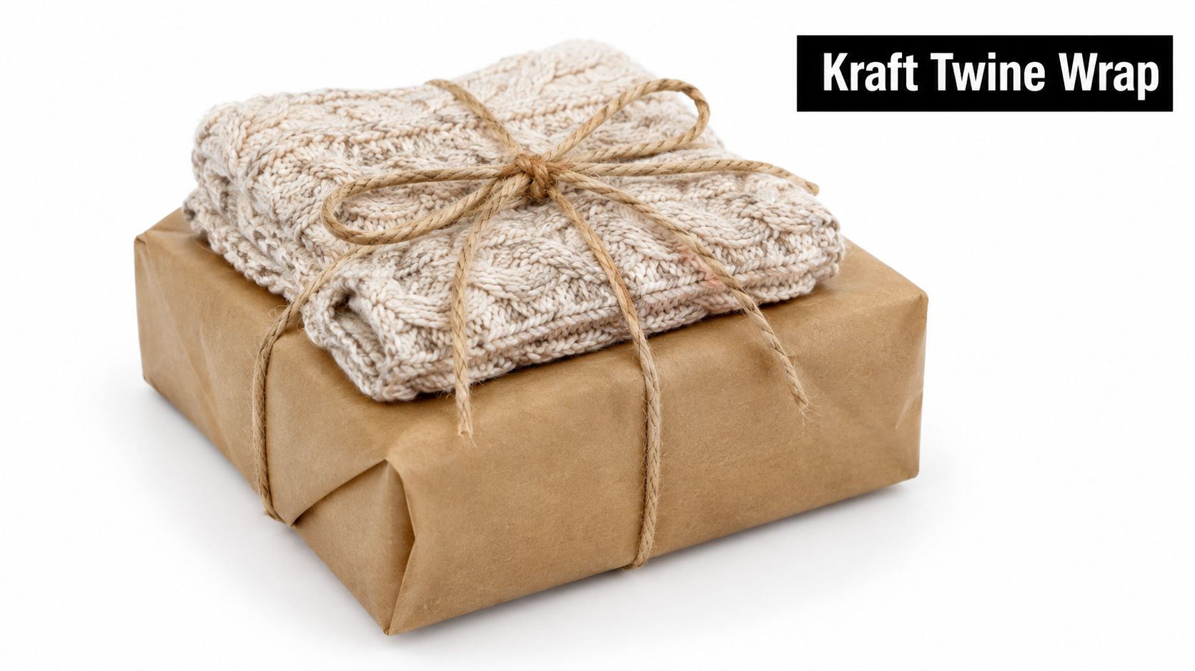 A wrapped gift box topped with a knitted fabric square tied together using rustic brown twine.