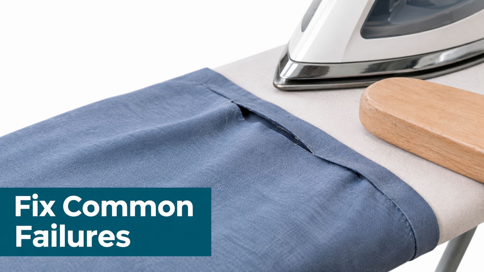 A wooden tailoring clapper and iron on an ironing board pressing a blue fabric garment edge.
