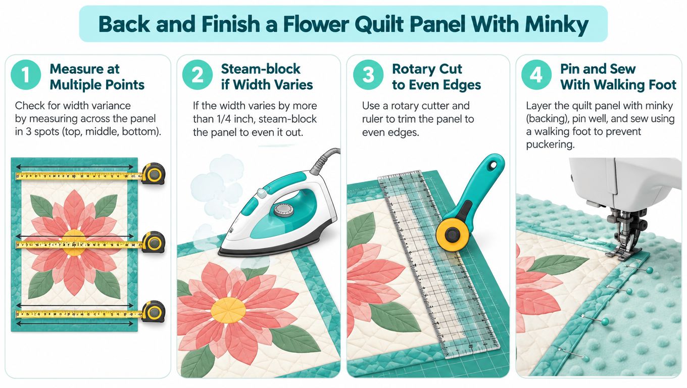 A four-step instructional guide on how to back and finish a flower quilt panel with minky fabric.