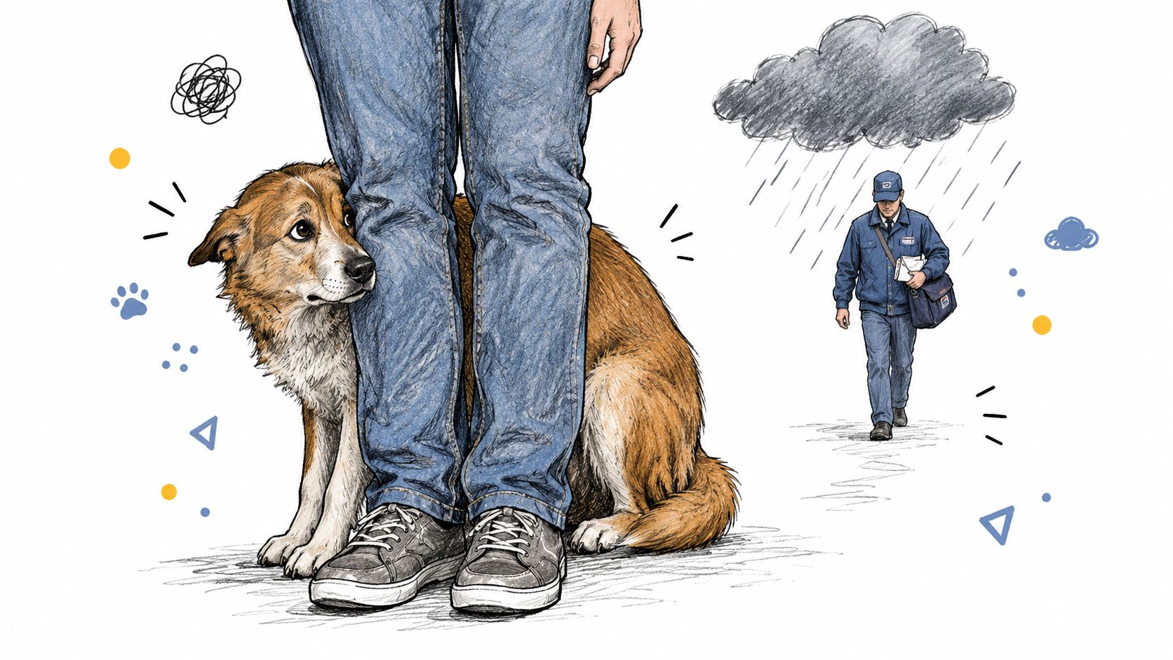 A nervous dog hides behind a person's legs while a mail carrier walks by in the background.