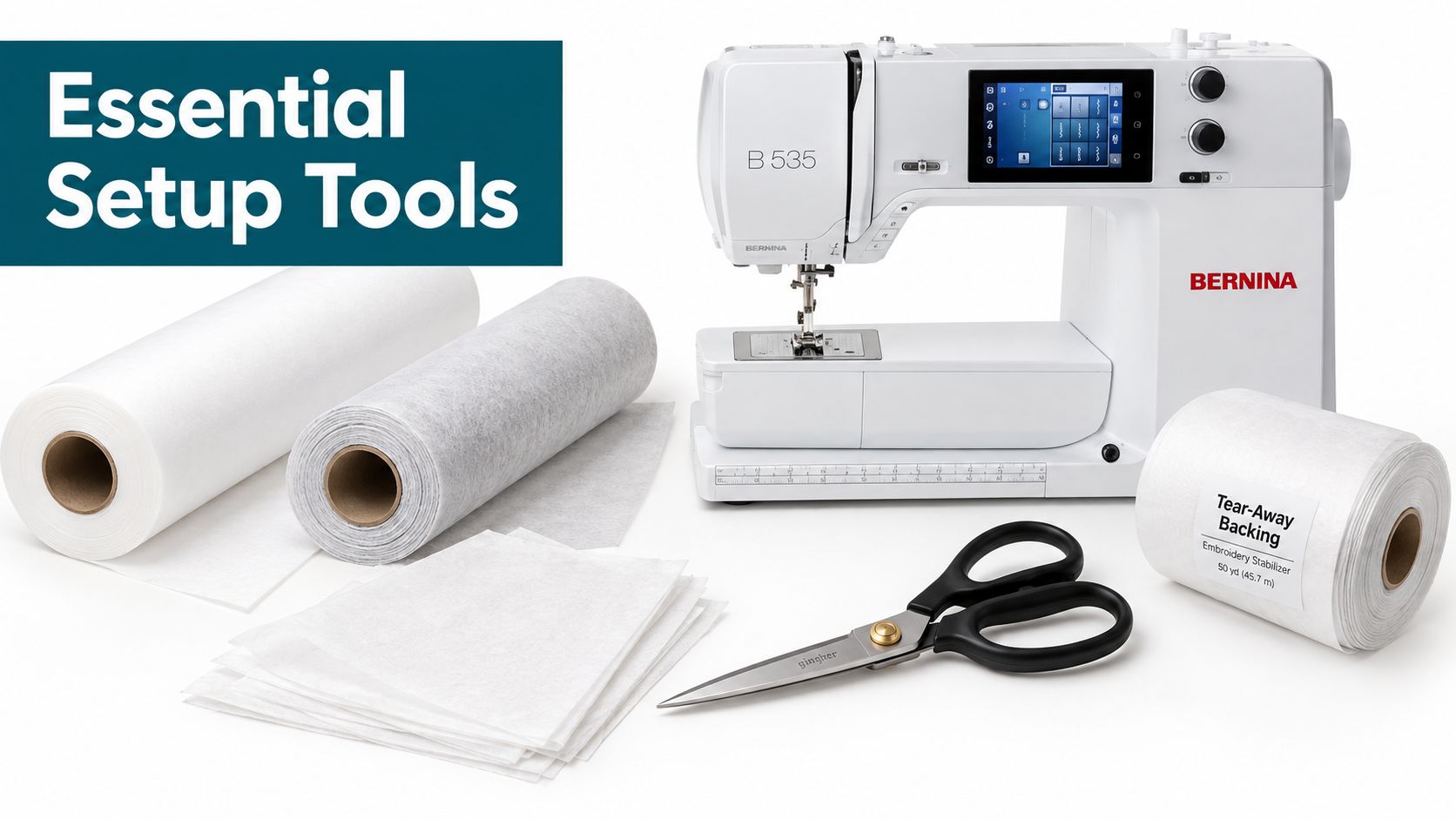 A professional BERNINA sewing machine, fabric stabilizer rolls, and scissors on a white surface for sewing.