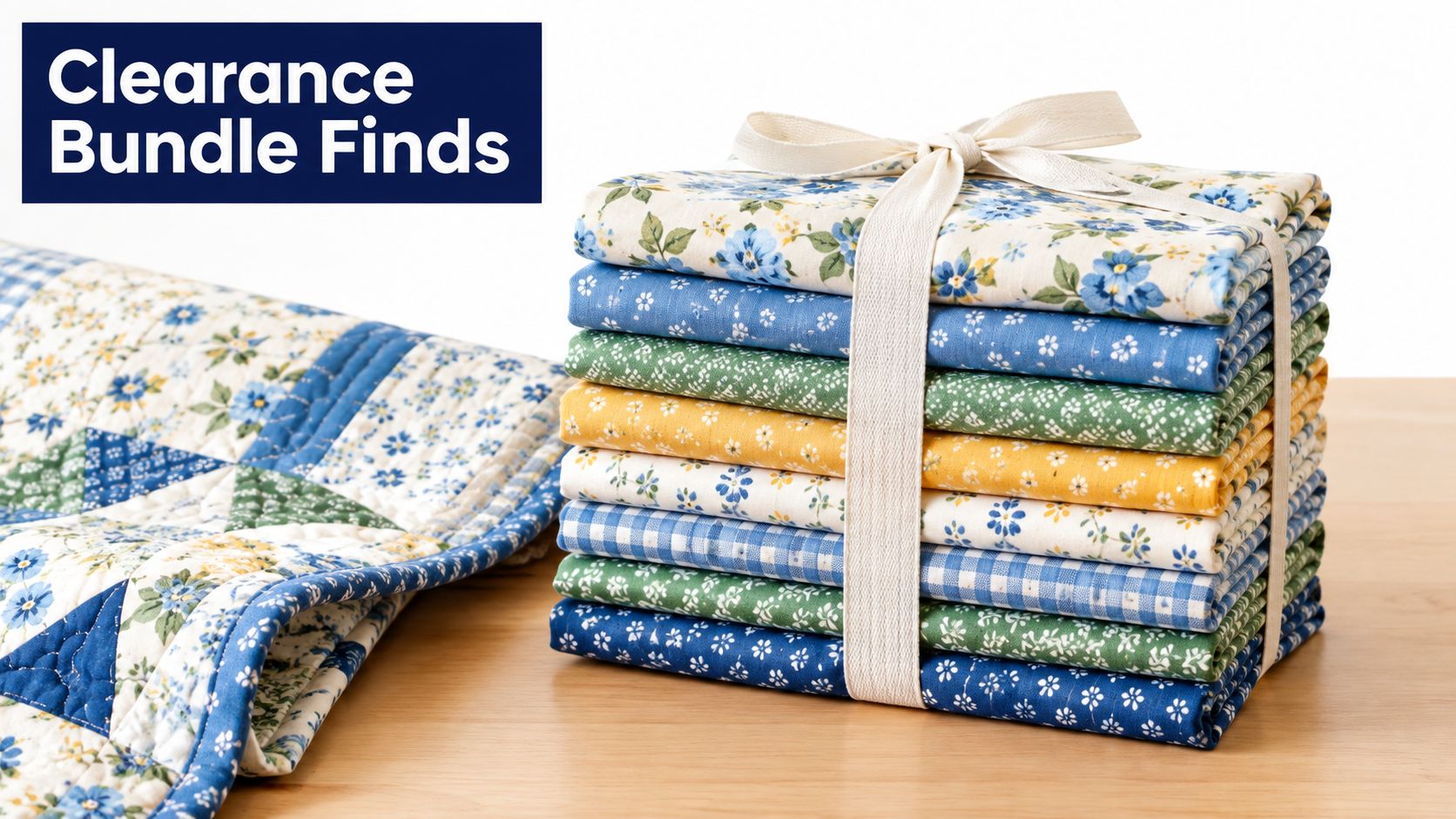 A stack of folded floral patterned fabric fat quarters tied together with a white ribbon on a wooden table.