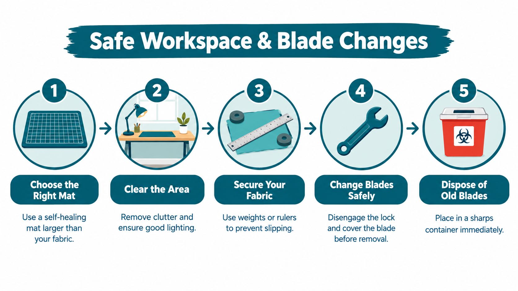 An infographic illustrating five essential steps for maintaining a safe workspace and changing rotary cutter blades properly.