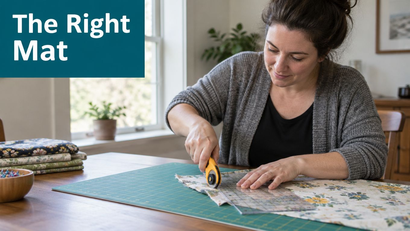 A woman using a rotary cutter and acrylic ruler on a green cutting mat to trim floral fabric.