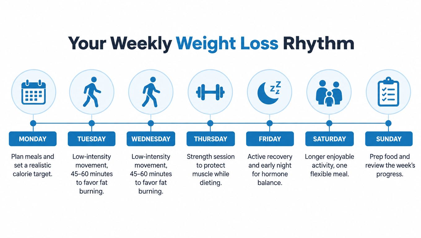 A weekly weight loss rhythm infographic outlining daily diet and exercise habits from Monday to Sunday.