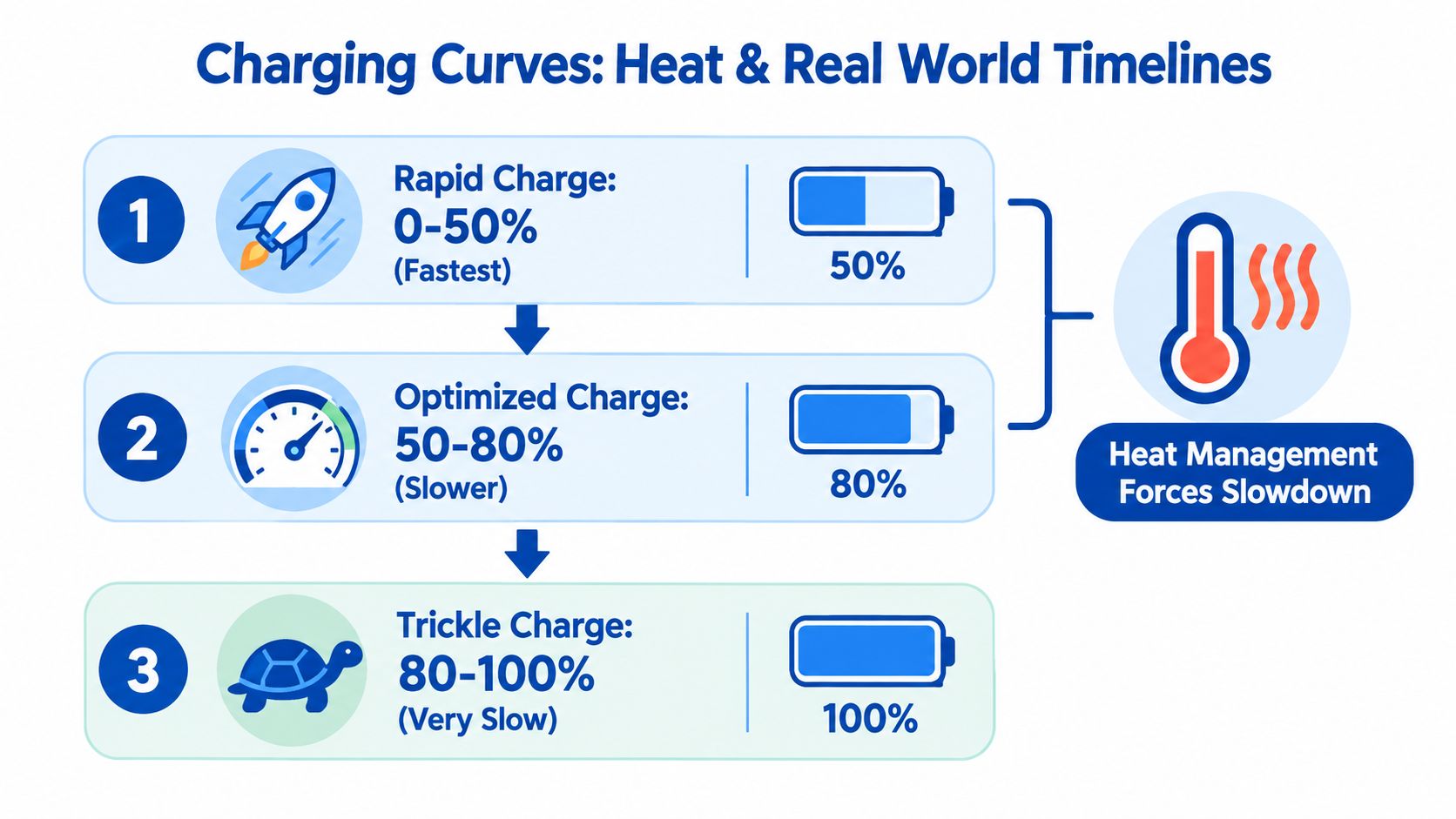 A diagram illustrating three stages of EV battery charging: rapid, optimized, and trickle charge, influenced by heat.