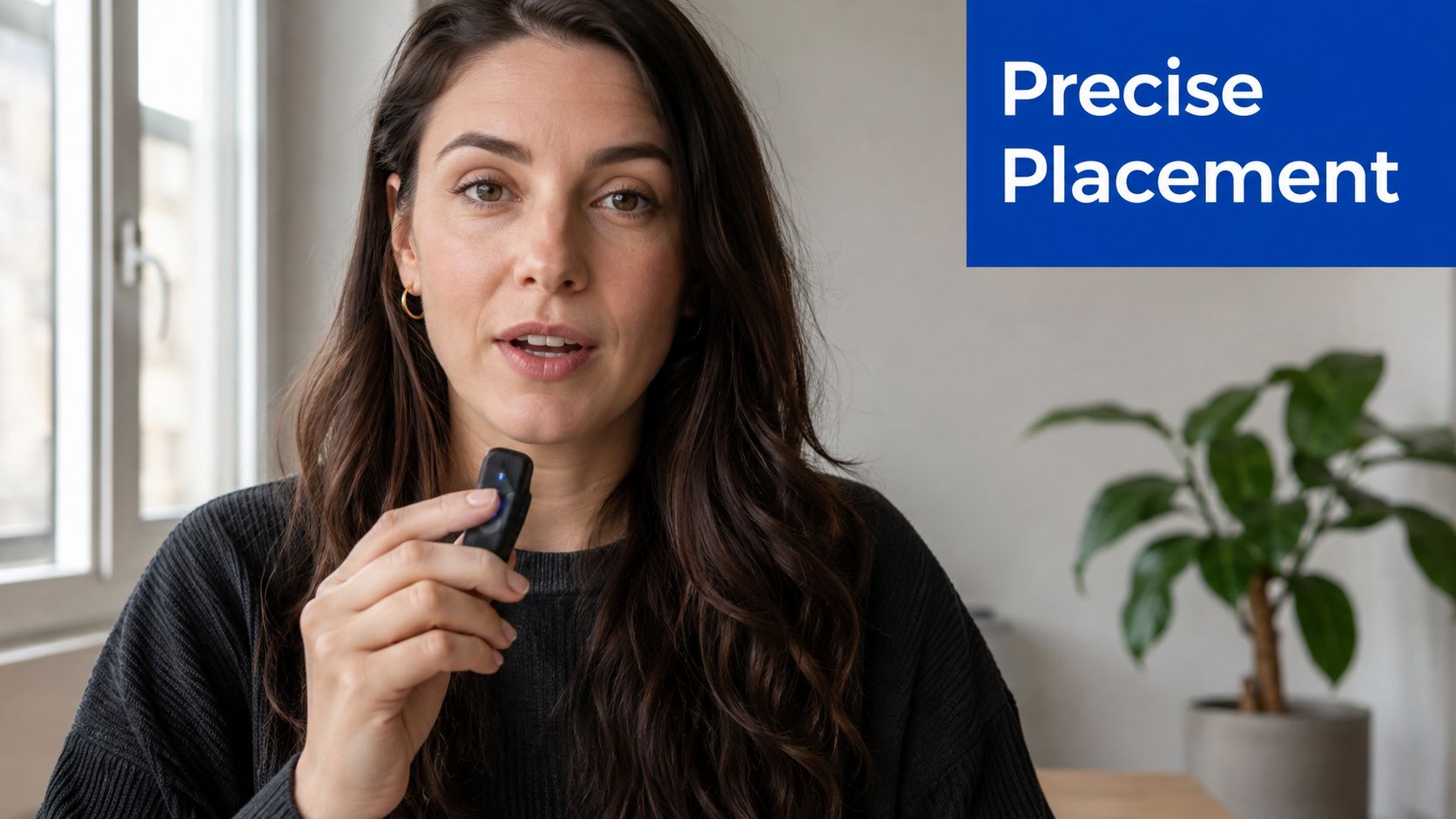 A woman speaking into a compact wireless microphone while recording a video vlog at home.
