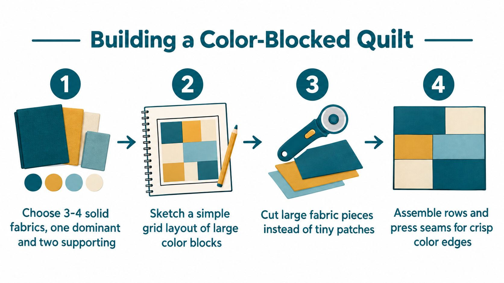 An infographic showing four simple steps to create a color-blocked quilt with fabric and sewing tools.