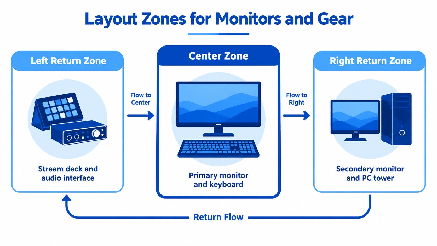 A diagram illustrating a three-zone desk layout for gaming and streaming equipment with directional flow arrows.