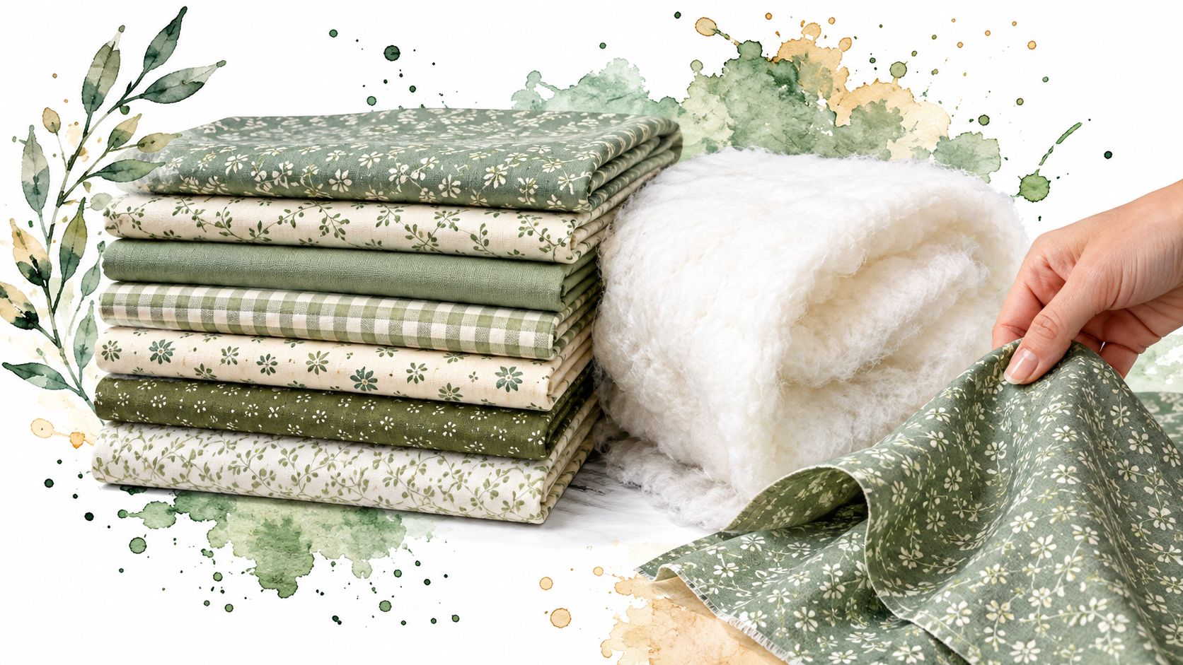 A stack of green patterned fabrics and fluffy white material held by a hand on watercolor background.