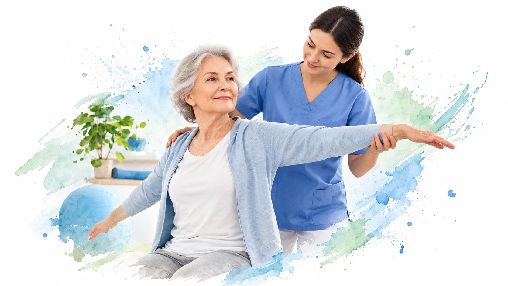 A friendly physical therapist assists an elderly woman with gentle arm stretching exercises in a clinic setting.