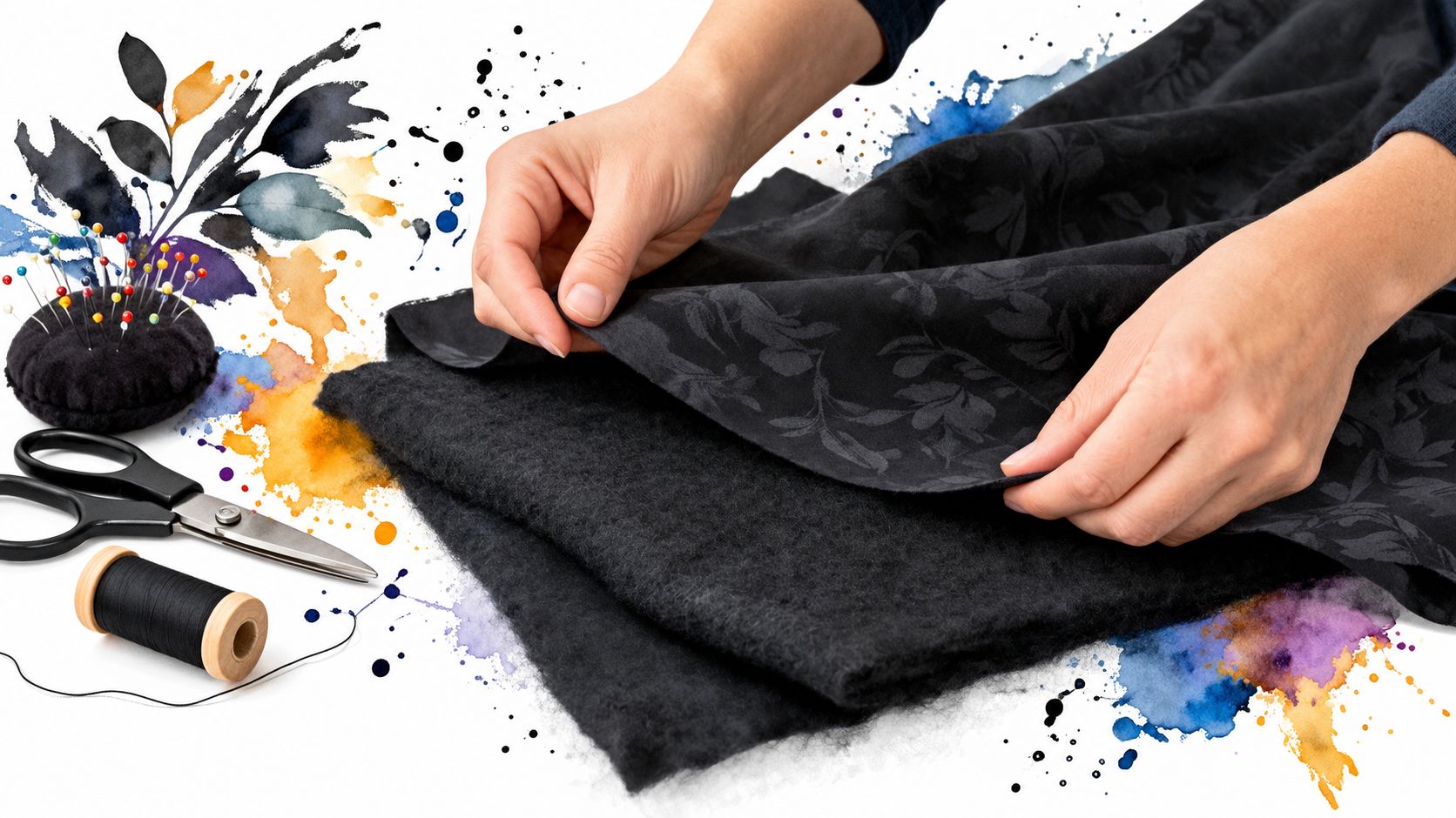 A pair of hands working with black tone on tone fabric near sewing tools on a white background.