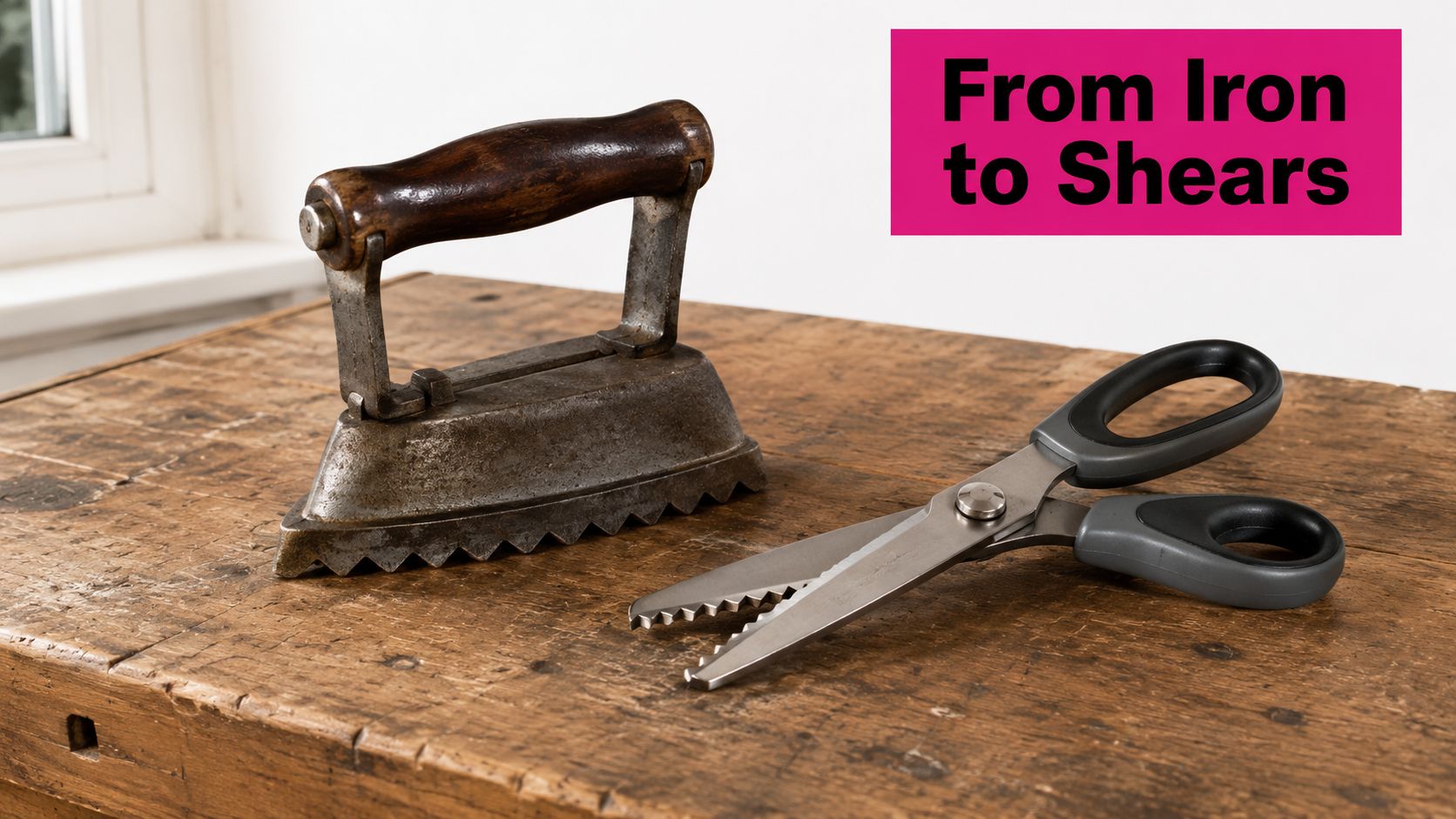 An antique pinking iron next to modern pinking shears resting on a rustic wooden table surface.