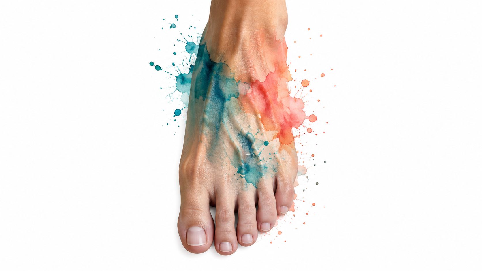 A close-up view of a human foot with artistic blue and red watercolor paint splatters.