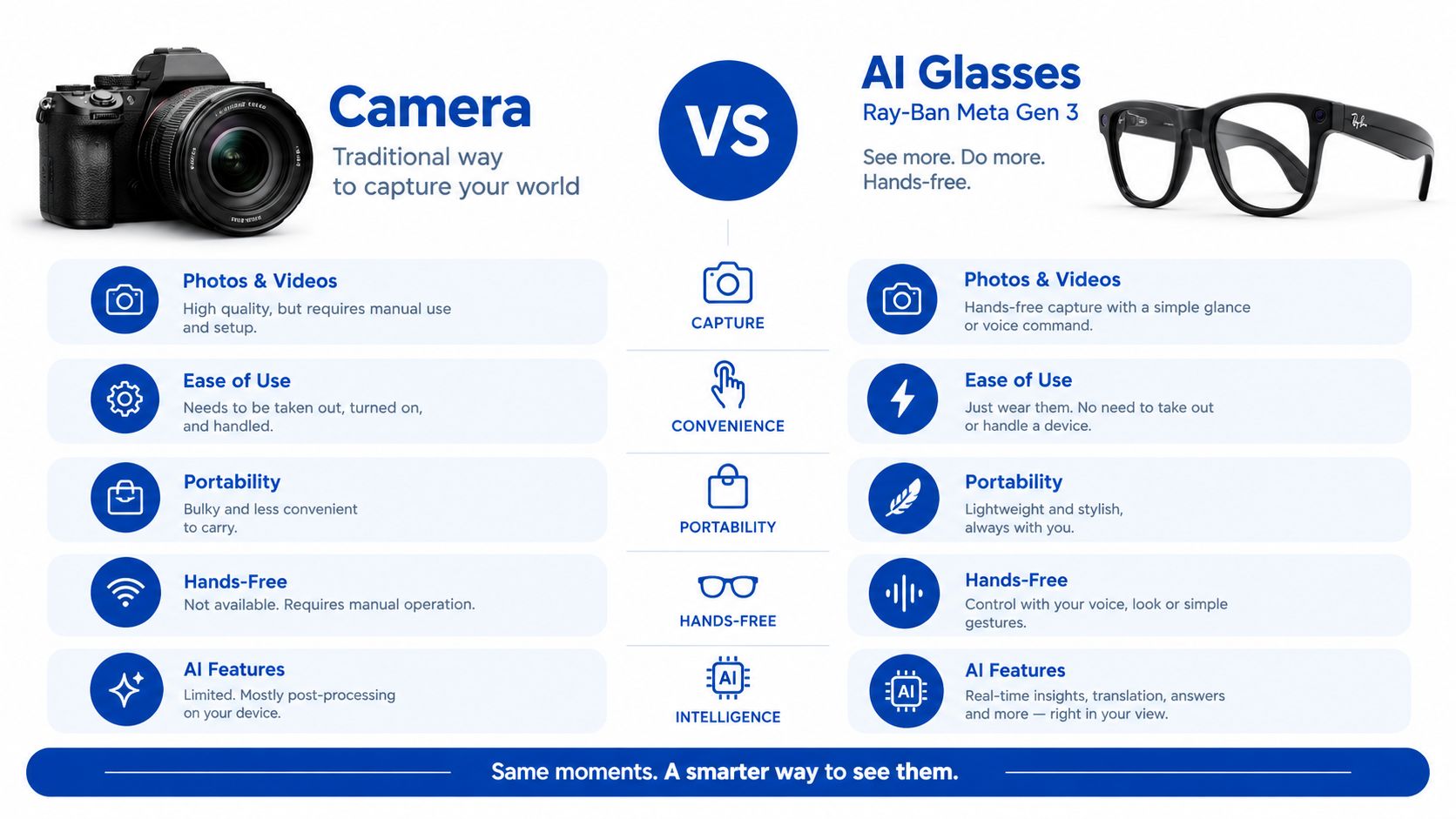 A comparison infographic between traditional cameras and Ray-Ban Meta Gen 3 AI smart glasses highlighting key feature differences.