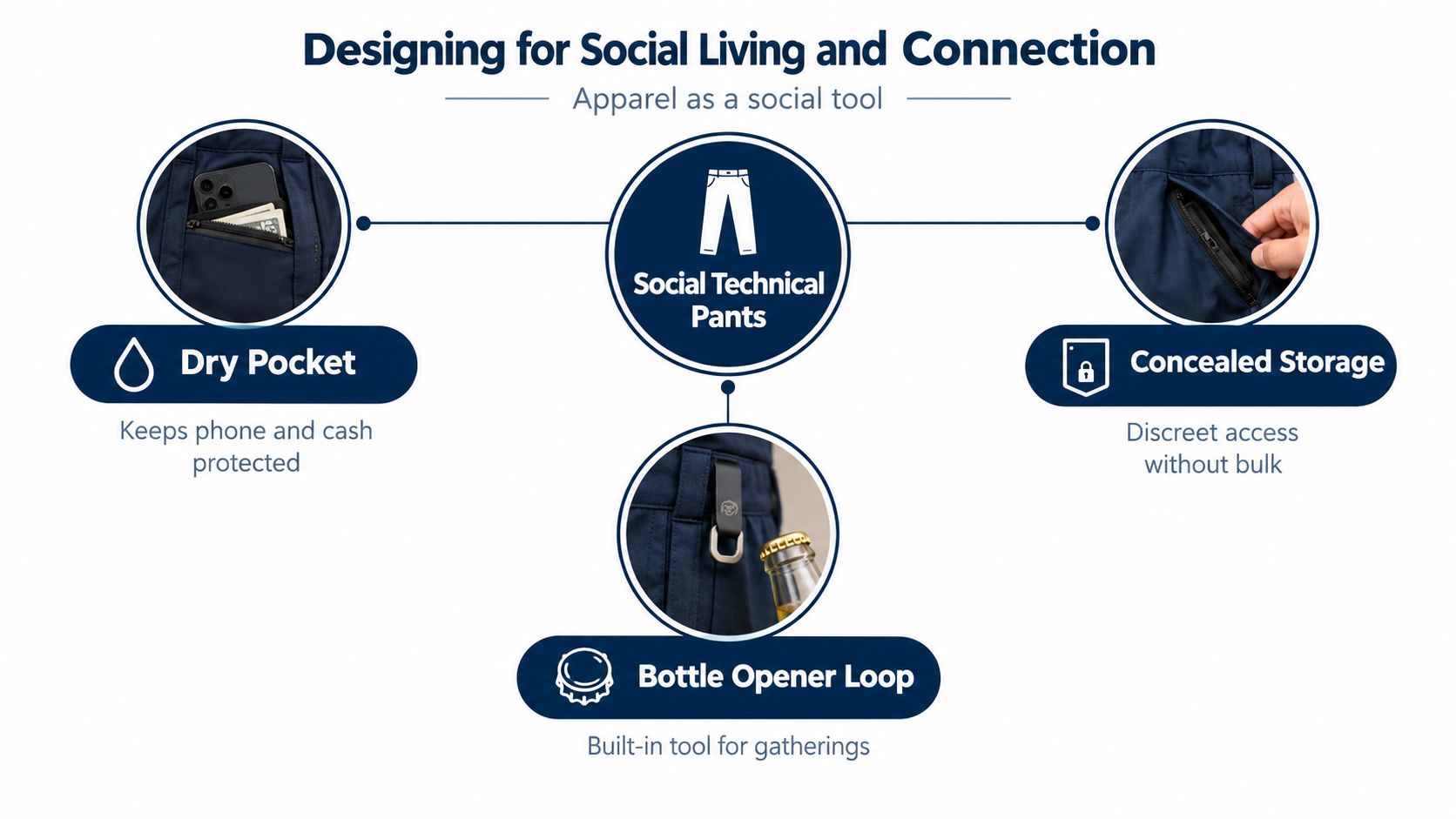 An infographic detailing the functional features of technical pants designed for social settings and daily wear.
