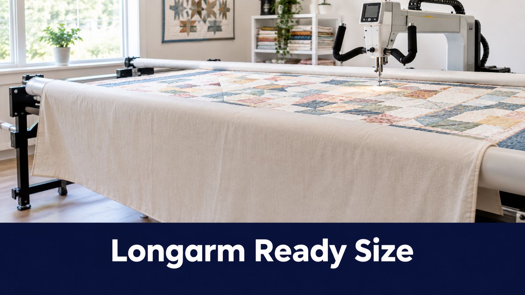 A longarm quilting machine working on a colorful patchwork quilt with beige backing draped in front.