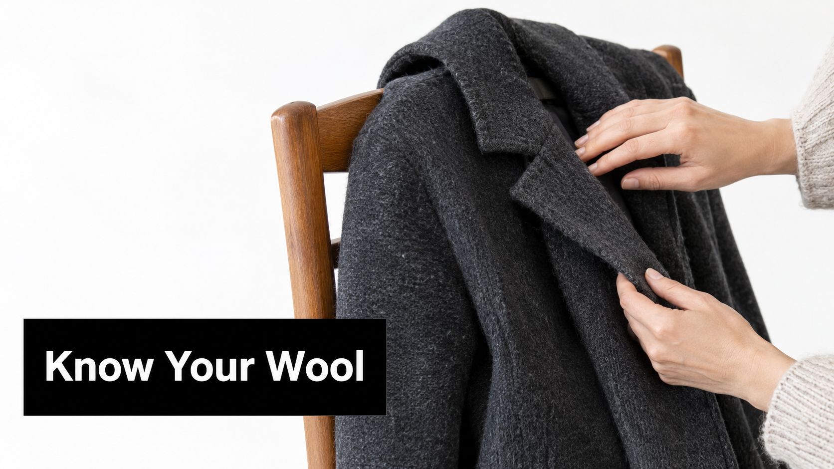 A person gently touching the lapel of a dark grey wool coat draped over a wooden chair.