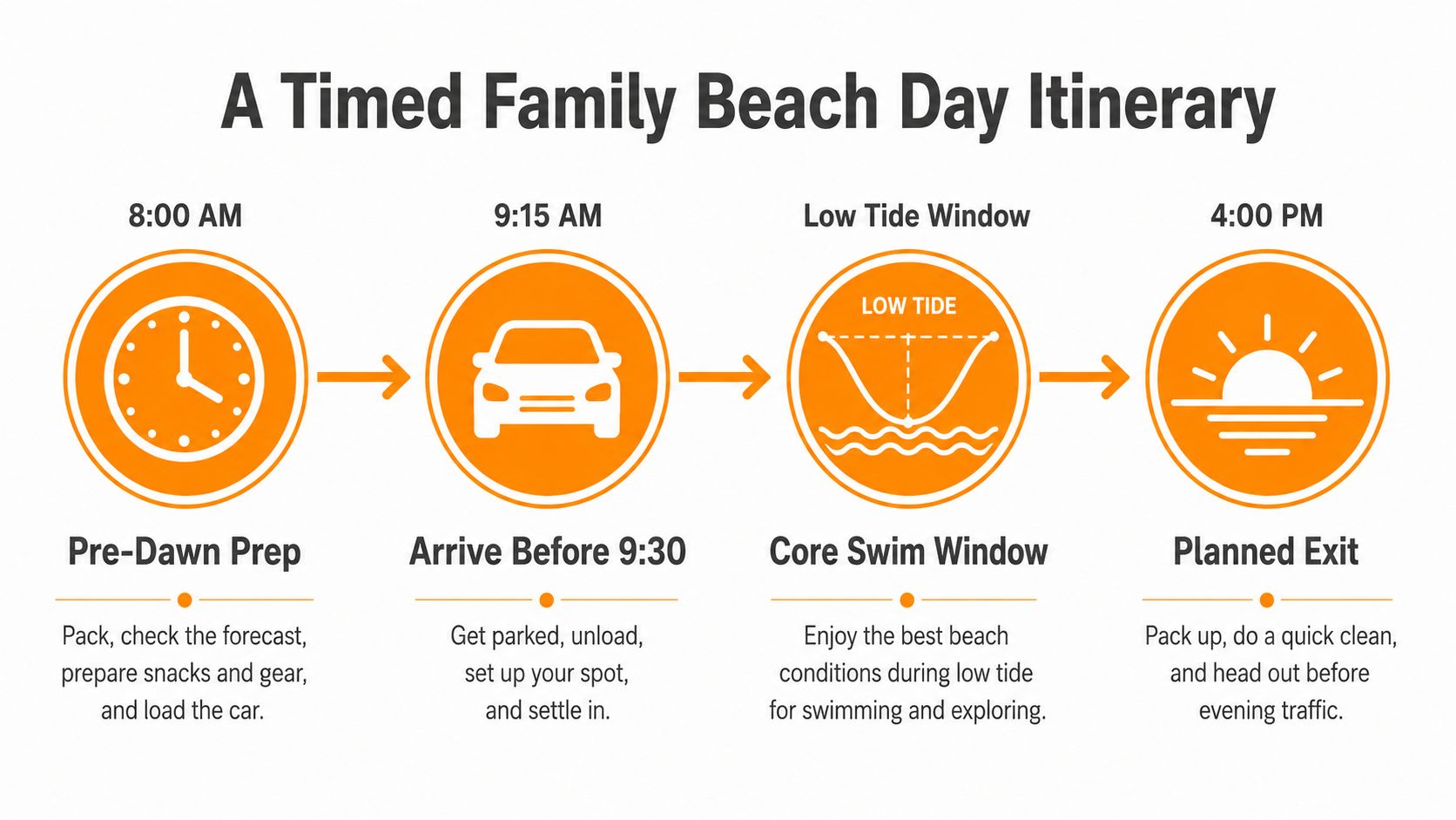 A flowchart showing a timed family beach day itinerary, starting with packing at 8:00 AM and ending with leaving at 4:00 PM.