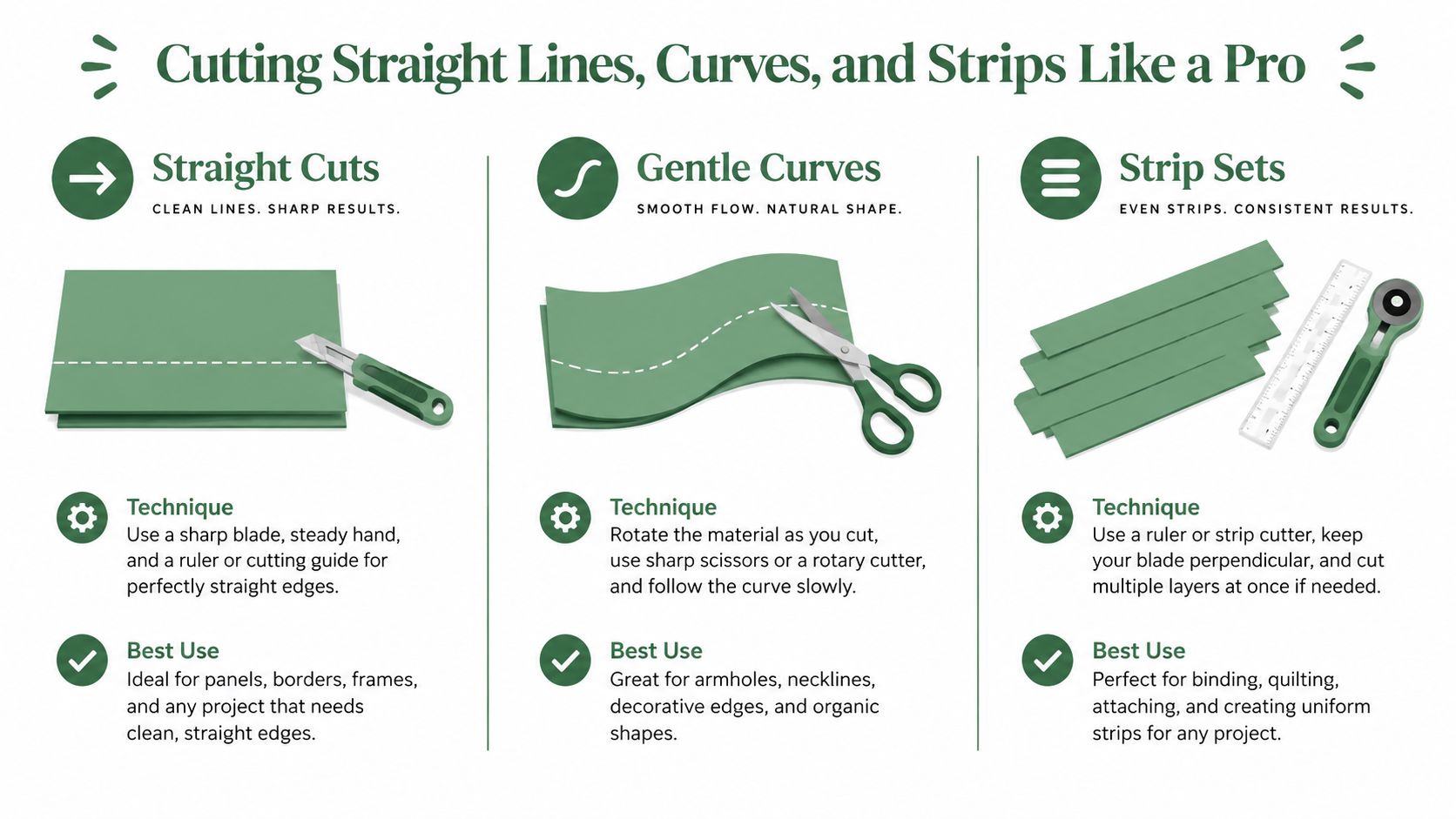 An infographic showing tips for cutting fabric in straight lines, gentle curves, and consistent strips like a professional.