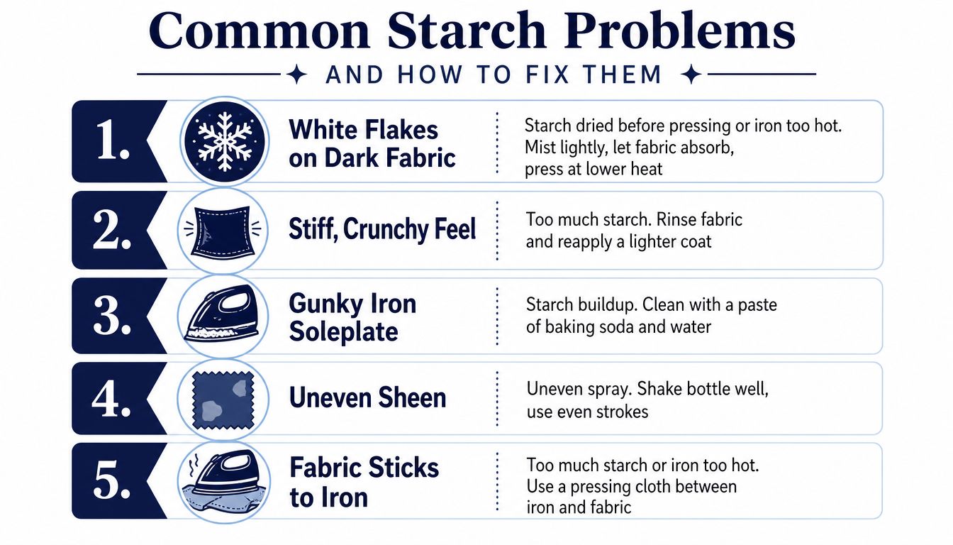 A helpful infographic showing five common starch problems encountered when ironing fabric and how to fix them.